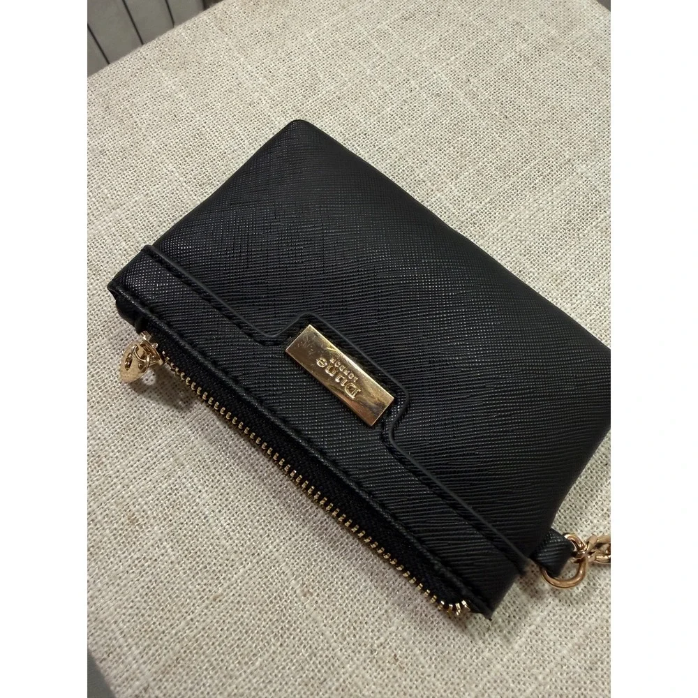 Dune London Black Saffiano Zip Coin Purse Key‎ Pouch Gold Chain Attachment